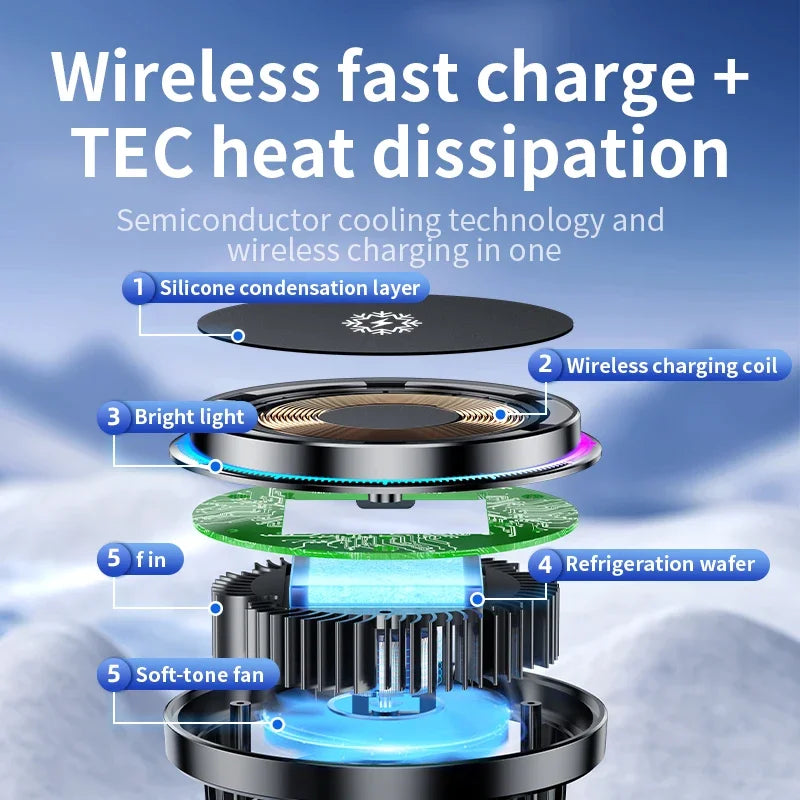 15W ice Cooling Magnetic Wireless Car Charger for iPhone 16 15 14 13 12 Pro Max MacSafe Car Phone Holder Fast Charging Station