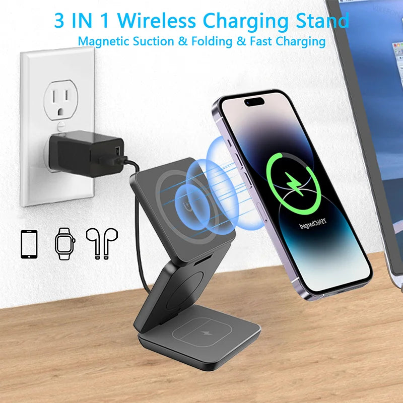 30W 3 in 1 Foldable Magnetic Wireless Charger Stand Macsafe for iPhone 15 14 13 Apple Watch 8 7 6 Airpods Fast Charging Station